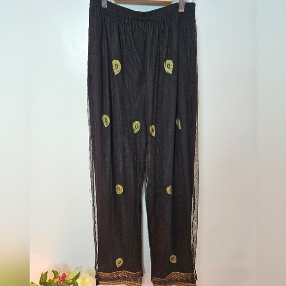 Black Sheer Embroidered Pants w/ Gold Paisley & Sequin Hem Champagne Collection - Picture 1 of 13